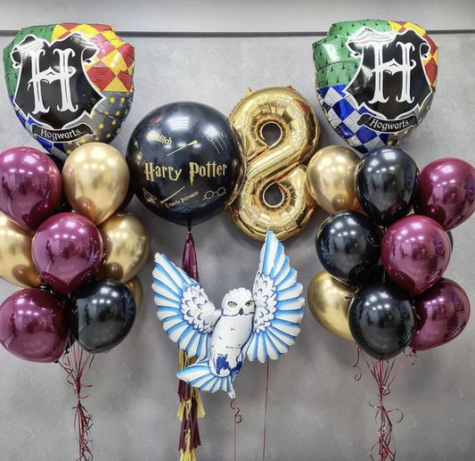 Helium Balloon Single Number Set of Gold Number ‘8’ Balloon, Harry Potter Flag, Owl with Latex Helium Bunch Black, Burgundy and Light Gold, Personalised Clear with Black Latex and Customize Sticker - Harry Potter-Themed Perfect for any Occasions
