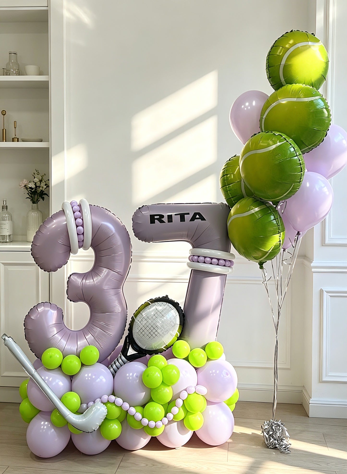 Number Balloon on Stand Purple ‘37’ Balloons Latex Purple Green Helium Bunch Tennis Ball Gulf Tennis Racket w/ Customize Stciker - Customizable Design