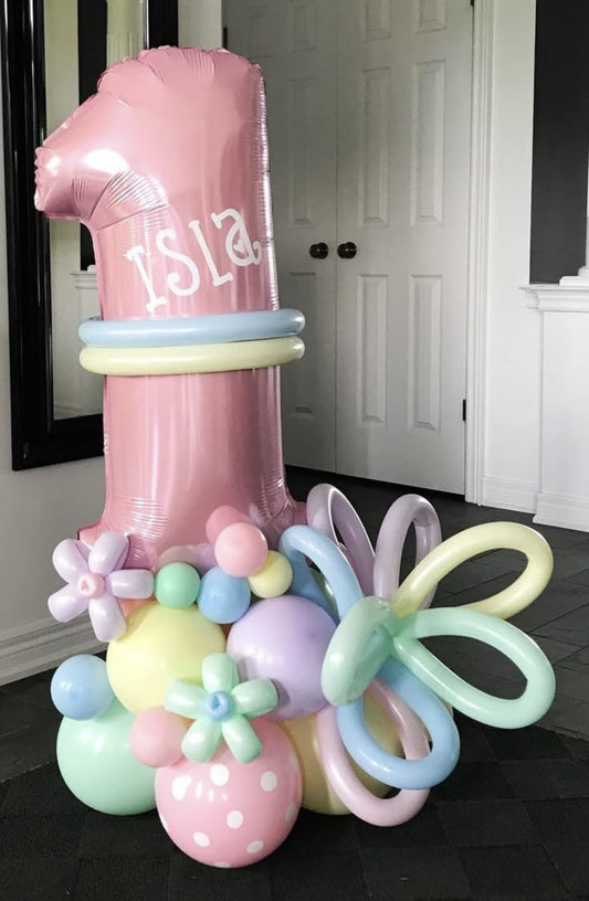 Balloon Purple, Pink, Green and Yellow with Customize Sticker, Pink Number Balloon on Stand '4' - Birthday, Perfect for special occasion