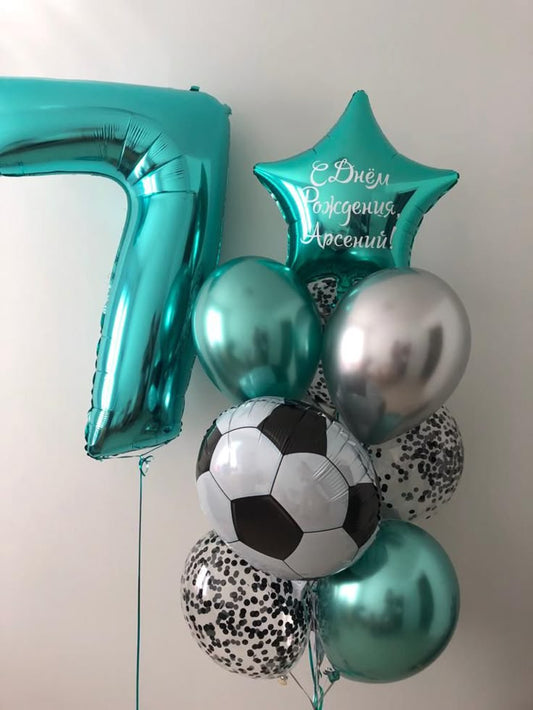 Helium Balloon Single Number Set of Green Number ‘7’ Balloon with Customize Sticker Star Foil, Soccer Ball, Chrome Green, Silver, Clear with Confetti Latex Helium Bunch - Sports-Themed, Football-Themed, Soccer-Themed Perfect for any Occasions
