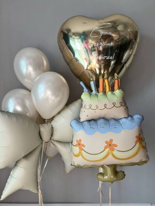 Birthday Cake Flower Printed Helium Foil Balloon White Big Ribbon Customization Big 32"Heart