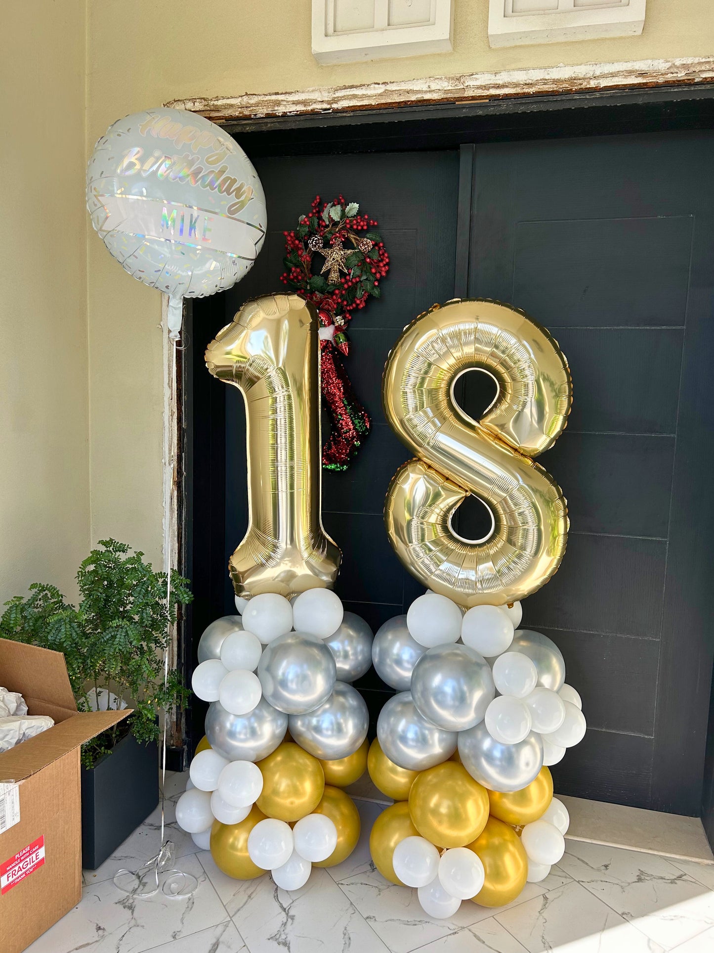 Gold, Silver and White Customizable Number Balloon Stand '18' with Helium Balloon - Perfect for any Celebrations