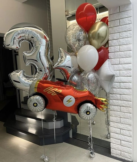 Helium Balloon Single Number Set of Silver Number ‘3’ Balloon with Racing Car, Silver and White Star with Latex Clear with Confetti, Red and Light Gold Helium Bunch - Racing Car-Themed Perfect for any Occasions