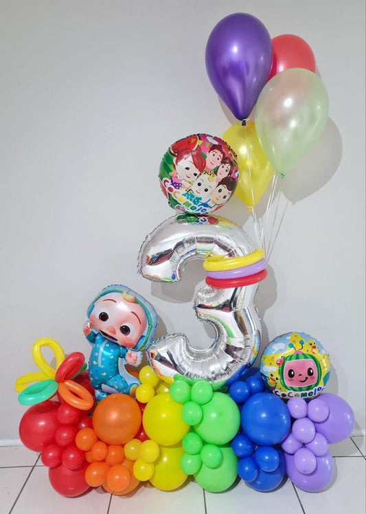 Platform Silver Number '3' with Latex Blue, Green, Yellow, Purple and Pink with Cocomelon Balloons accents and Helium Latex Bunch – Cocomelon-Themed Customizable Design