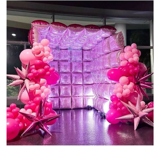 Balloons Pink Square Foil Garland Backdrop and Organic Arrangement Pink with Starburst Balloons accents - Perfect for special occasion!