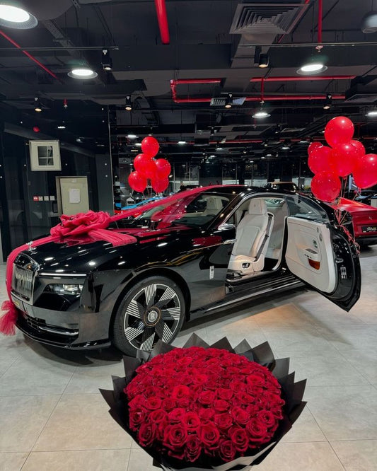 Car Surprise Balloon Red Helium with Customize Red Ribbons and Bouquet of Fresh Flower – Perfect for Any Bold Celebrations