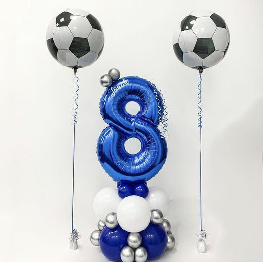 Personalised Sticker Number Balloon on Stand Red Number "8" Balloon Arrangement with Silver, White, Blue and Soccer Ball Helium - Sports-Themed, Football-Themed, Soccer-Themed Customizable and Balloon Design