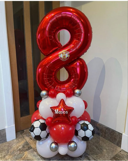 Personalised Sticker Number Balloon on Stand Red Number "8" Balloon Arrangement with Silver, Red, White Soccer Ball accents - Sports-Themed, Football-Themed, Soccer-Themed Customizable and Balloon Design