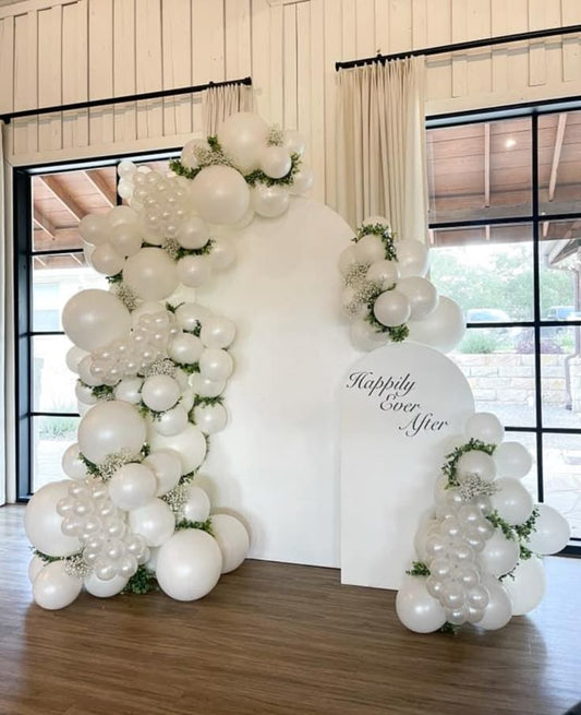 Customizable Board Backdrop with Balloon White and Pearl White with Artificial Leaves and Flowers - Anniversary, Wedding, Bridal Shower Perfect for special occasion