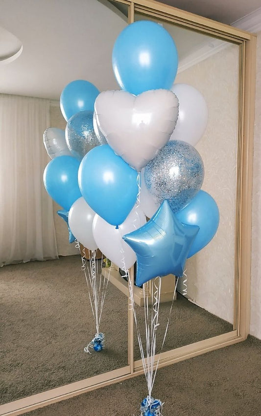 Bunch Helium Balloon White Heart-Shaped, Blue Star with Latex White, Blue and Clear with Confetti - Baby Shower, Gender Reveal, Birthday Perfect for Special Occasions!