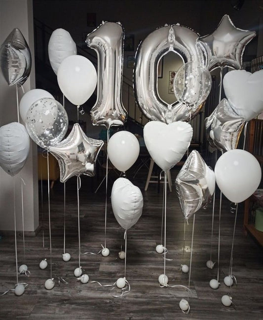 Helium Balloons Two Number Set Silver '10' and Latex White, Clear with Confetti, Star Silver and White Heart Foil - Perfect for any Occasions!