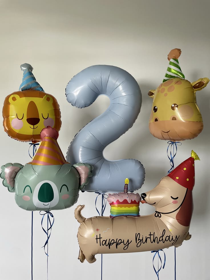 Animal Dog Puppy-Themed  Balloon Happy Birthday Blue Number 2 Giraffe Bear Koala Tiger Sloth Animal with Party Hat