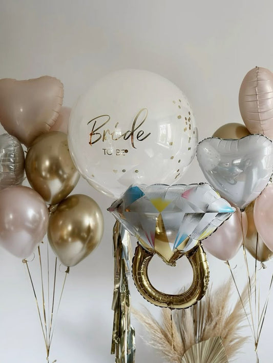 Personalised Clear with White Latex and Customize Sticker, Engagement Gold Diamond Ring and Helium Bunch Pink and Silver Heart-Shaped and Latex - Bridal Shower Perfect for Special Occasions!