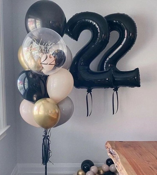 Pesonalised Clear with Mini Latex and Customize Sticker Helium Balloons, Two Number Set Black '22' and Latex Beige, Gray, Black and Gold Bunch with Ribbon and Mini Balloons accents - Perfect for any Occasions!