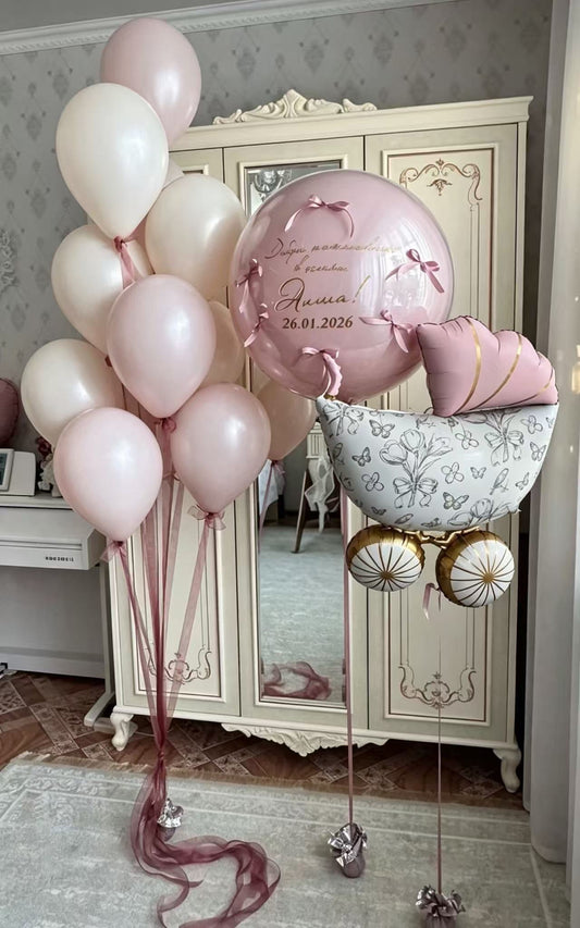 Baby Shower Stroller Pink and Gold with Printed Bow Flower Butterfly Helium Foil Balloon Personalised Baby Pink Helium Sticker