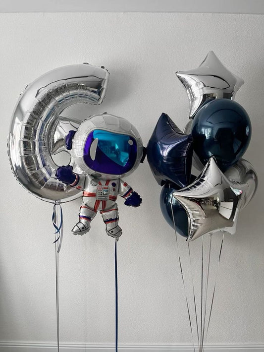 Helium Balloon Single Number Set of Silver Number ‘6’ Balloon, Astronaut, Navy Blue with Star-Shaped Blue and Silver Helium Bunch - Galaxy-Themed Perfect for any Occasions
