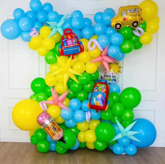 Balloon Blue, Yellow and Green Wall Decor Bus, Pencil, Backpack and ‘Back to School’ Foil Balloons with Setup - Customizable for special school occasions