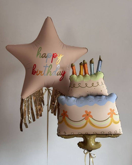 Birthday Cake with Flower Printed With gold tassle Helium Balloon Pink Star with Tassels