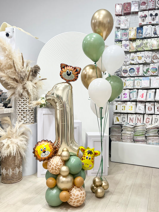 Number Light Gold Balloon on Stand ‘1’ with Lion Tiger Giraffe with Latex Helium Bunch Olive Green White Light Gold Beige – Perfect for Safari and Jungle-Themed Events