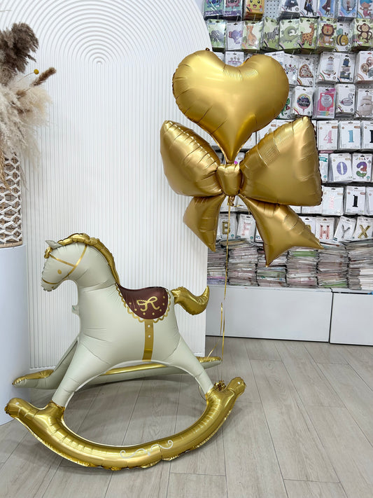 Self Standing Rocking Horse with Helium Gold Heart and Bow – Customizable Design