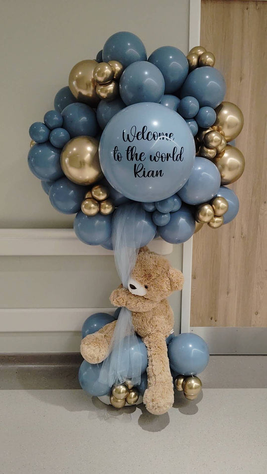 Hospital or Home Welcoming Baby Balloon Teddy Bear with Customizable Sticker Balloons Blue and Light gold Baby Shower Welcome Baby Newborn