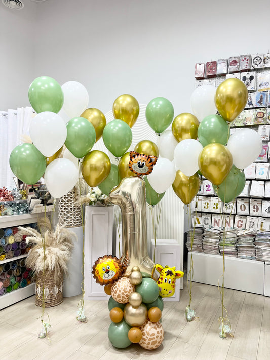 Number Light Gold Balloon on Stand ‘1’ with Lion Tiger Giraffe with Latex Helium Bunch Olive Green White Gold – Perfect for Safari and Jungle-Themed Events