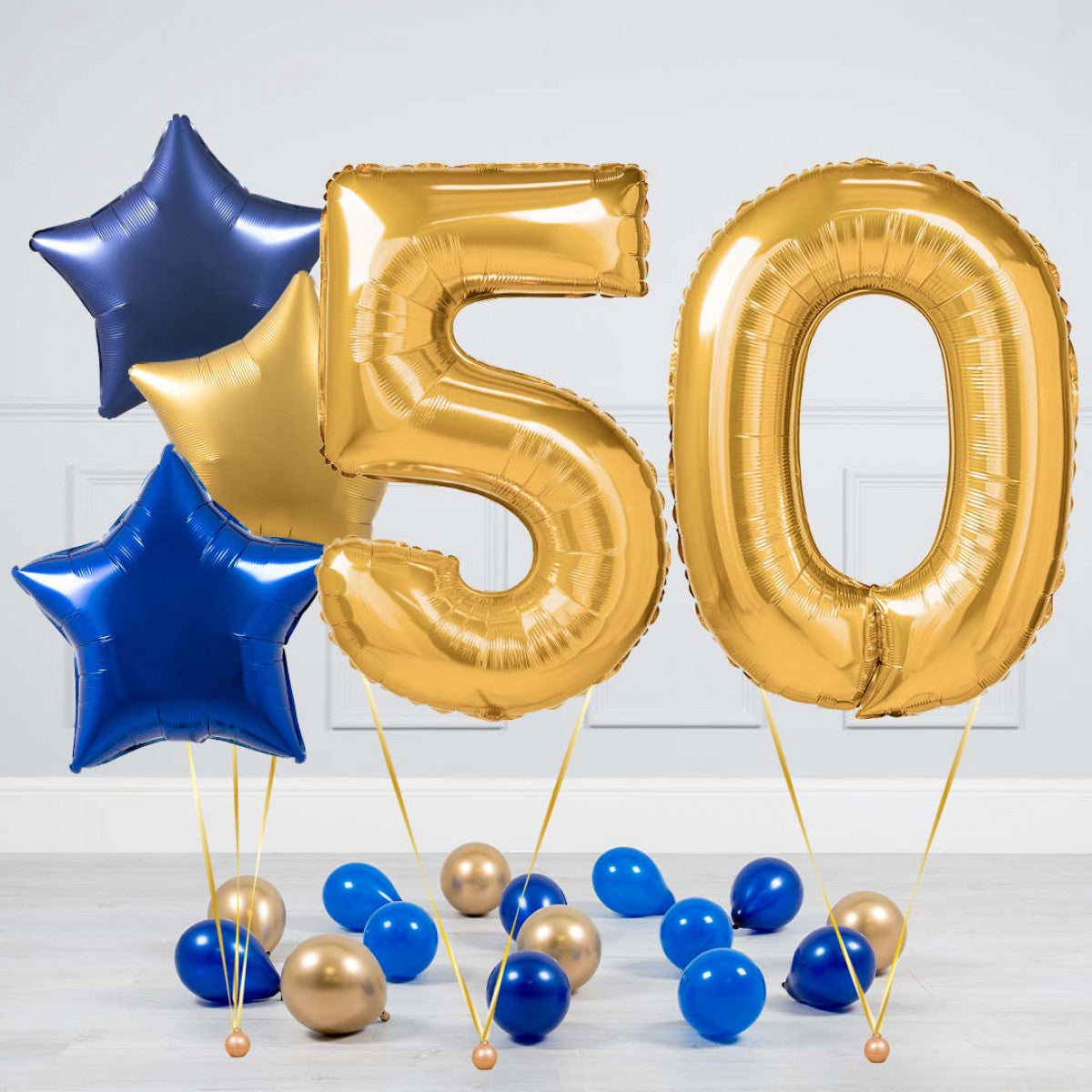 Helium Gold Two Number Set Balloon - Dark Blue, Blue and Gold Stars with Mini Balloons