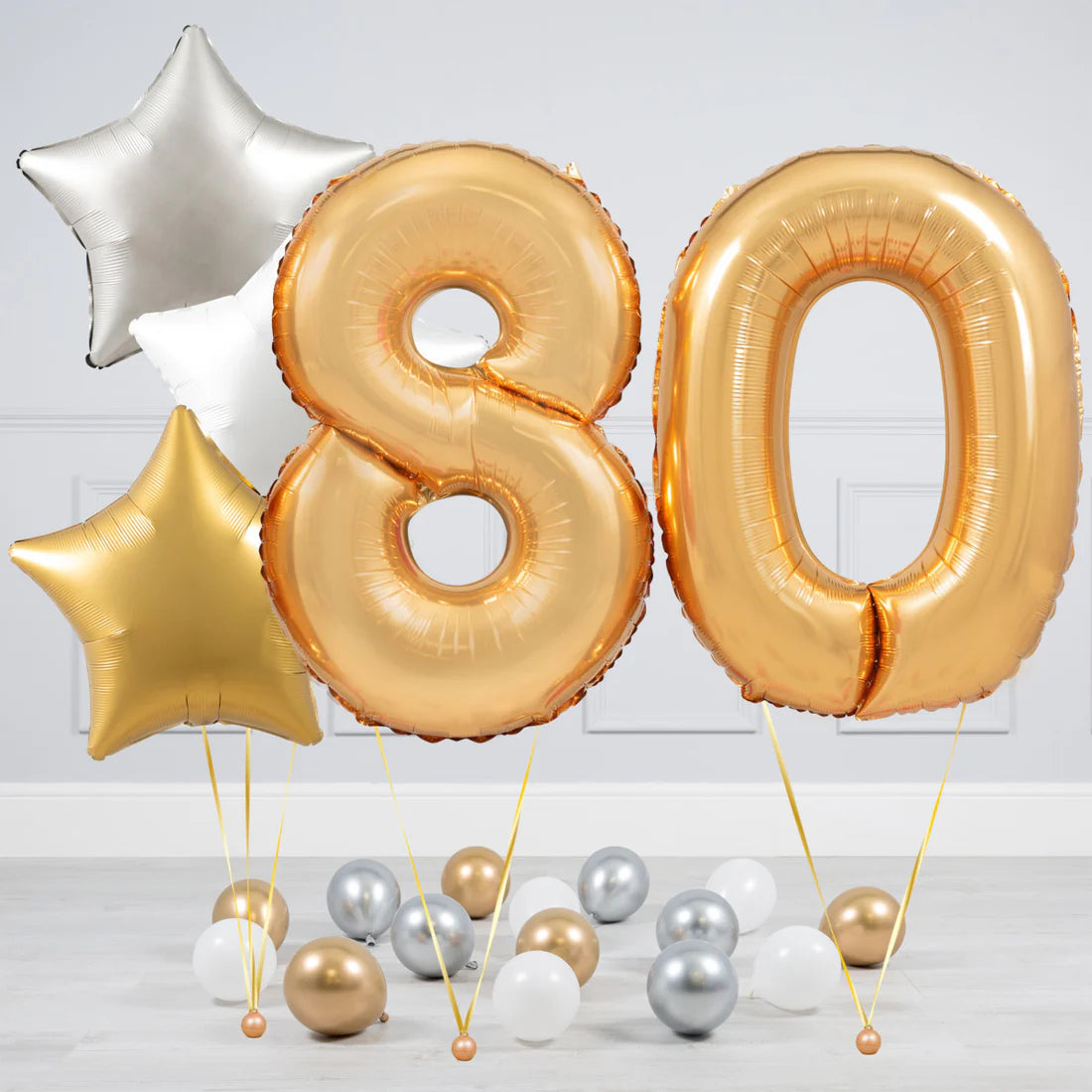 Helium Blue Gold Number Set Balloon with Silver, White and Gold Stars with Mini Balloons