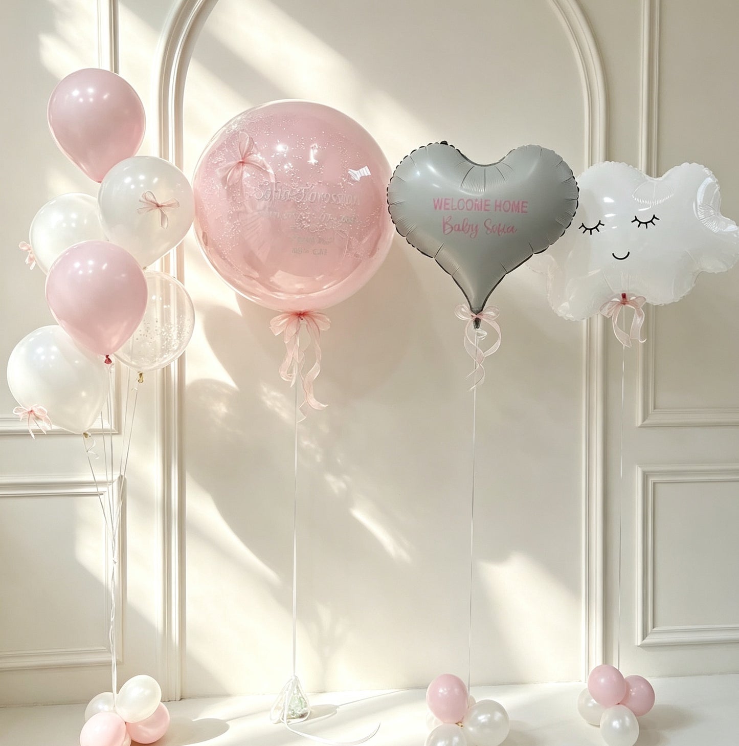Hospital Home Welcome Baby Personalised Clear Pink Latex White Foam Customize Sticker Latex White Clear Foam Helium Bunch, Heart with Customize Sticker and White Cloud Foil Helium Balloon - Baby Shower, Perfect for special occasions!