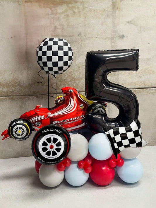 Platform Black Number '5' with Latex Red, Blue and Gray, Checkered Flag, Car Wheels and Racing Car with Helium Round Checkered Orbs - Racing Car-Themed Perfect for special occasions!