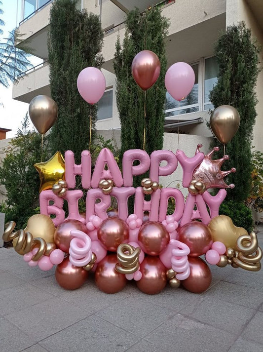 Platform Pink 'HAPPY BIRTHDAY' with Latex Shinny Pink, Gold, Heart-Shaped, Crown and Star Foil accents with Latex Helium Balloons – Customizable Design