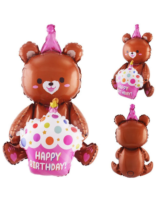 Bear Birthday Cake Shape Foil Balloon Kids Birthday Animal Balloon Brown Pink