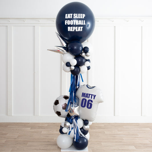 Personalised Navy and White Football Balloon and Tassels Pillar/Column/Tower - Customizable for Any Sports-Themed Celebrations