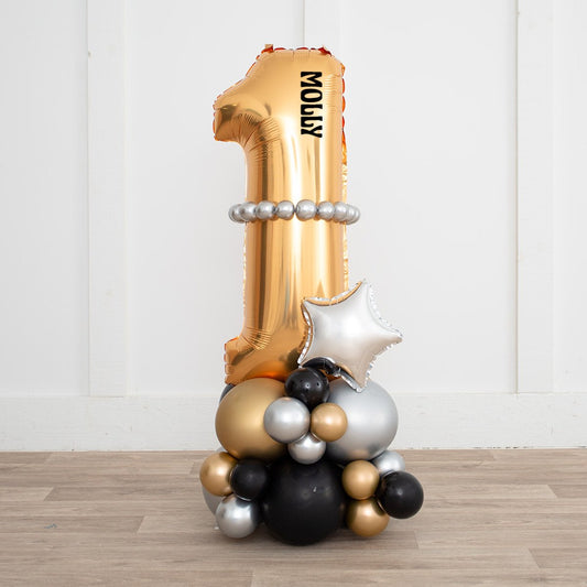 Number Balloon on Stand ‘1’ with Gold, Silver, and Black Accents – Customizable Design and Sticker