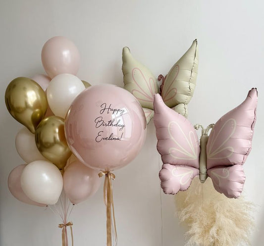 Single Number Set  Pink Butterfly Pink Heart with Customize Sticker Helium Latex Bunch Beige Dusty Pink Personalised