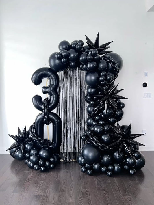 Balloon Chain Organic Arrangement Black with Starburst, Curtain Tassels and Number Balloon '30' - Perfect for any Celebration