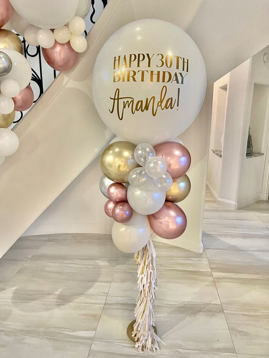 Personalised Pillar/Column/Tower Balloons White, Pearl White, Chrome Pink and Light Gold with Customize Sticker and Tassels - Birthday, Corporate Event, Grand Opening, Company Event Perfect for special occasion!