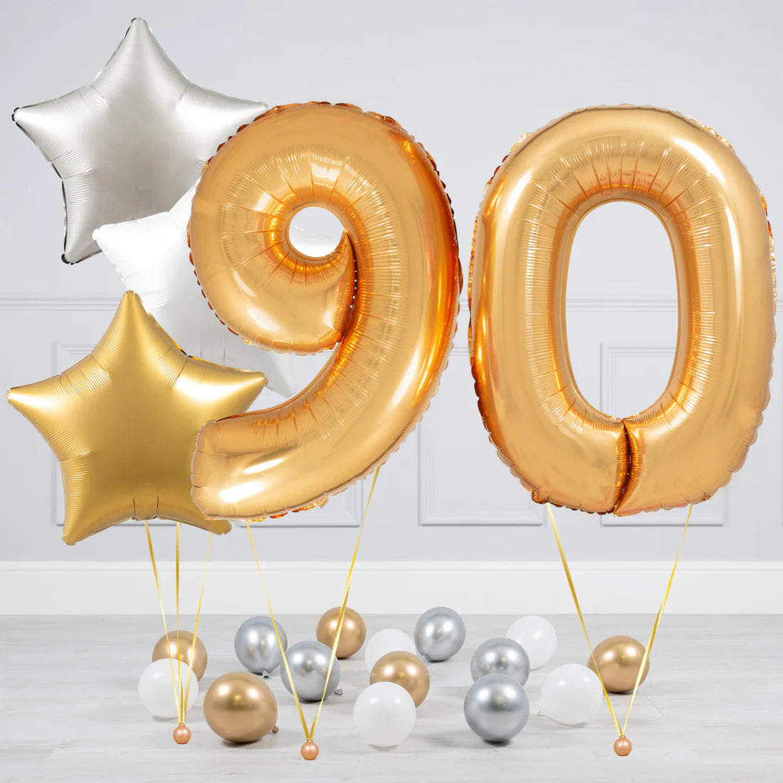 Helium Blue Gold Number Set Balloon with Silver, White and Gold Stars with Mini Balloons