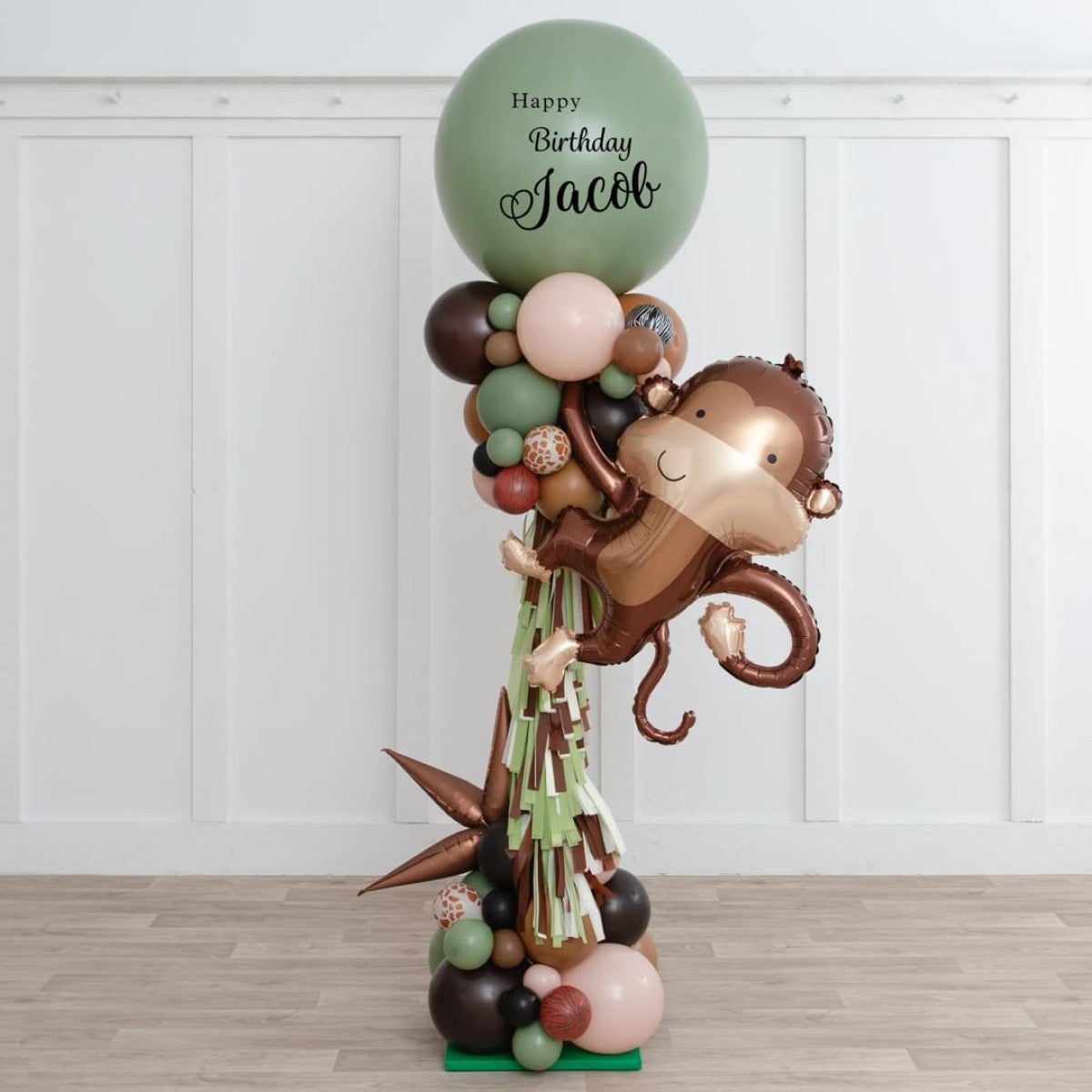 Personalised Monkey Animal with small Animal Print Balloon and Tassels Pillar/Column/Tower - Customizable Safari Animals for Any Jungle-Themed Celebrations