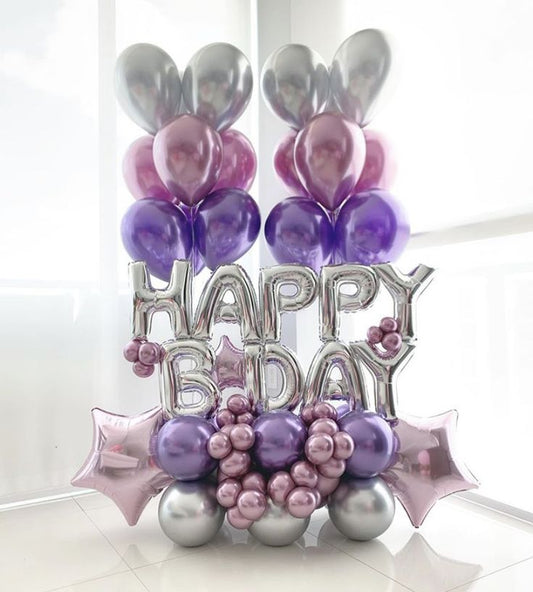 Platform Silver 'HAPPY BDAY' with Latex Chrome Pink, Chrome Purple and Silver with Star accents and Latex Helium Bunch – Customizable Design