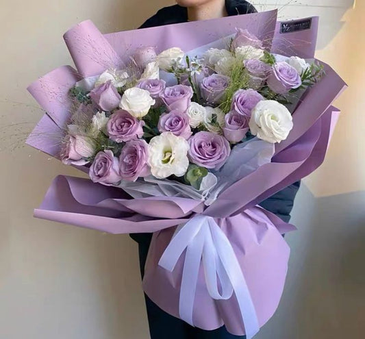 White and Purple Roses - Floral Fresh Bouquet