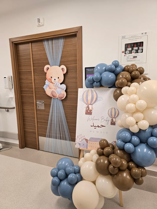 Hospital or Home Customize Welcome Board with Balloon Beige Brown Blue and Door Fabric Decor with Teddy Bear Cutouts - Perfect for special occasions