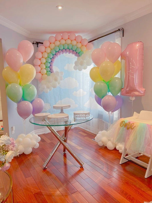 Rainbow and Cloud Designed Balloon Pastel Colors with White Decor Setup  Perfect for special occasions