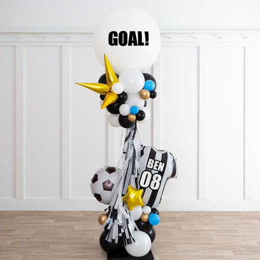 Personalised Black, Blue, Gold and White Football Balloon and Tassels Pillar/Column/Tower - Customizable for Any Sports-Themed Celebrations