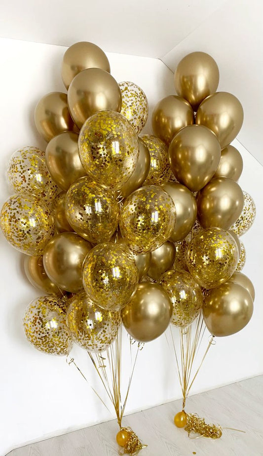Latex Helium Bunch Clear with Confetti and Gold Balloons with Gold Strings - Perfect for Special Occasions!