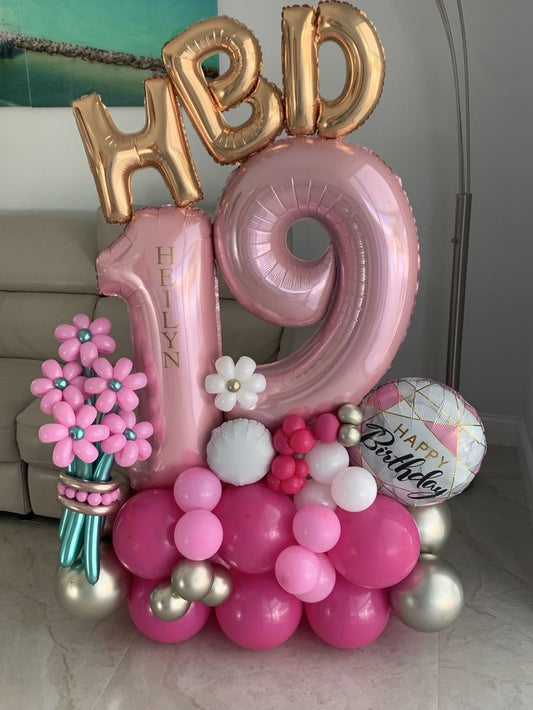Platform Pink Numbers '19' with Latex Pink, Light Gold and White Customize Sticker, 'Happy Birthday' Foil, Gold Letters 'HBD' and Customize Flower Balloons – Customizable Design