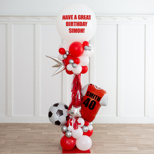 Personalised Red, Silver and White and Tassels Football Balloon Pillar/Column/Tower - Customizable for Any Sports-Themed Celebrations