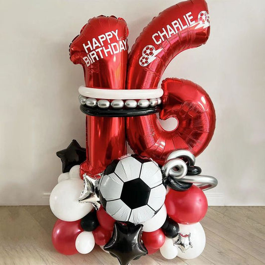 Personalised Sticker Platform Red Numbers '16' Custom Balloon Decor with White and Red Latex, Silver and Black Stars accents – Sports-Themed, Football-Themed, Soccer-Themed Perfect for Any Milestone Celebrations!