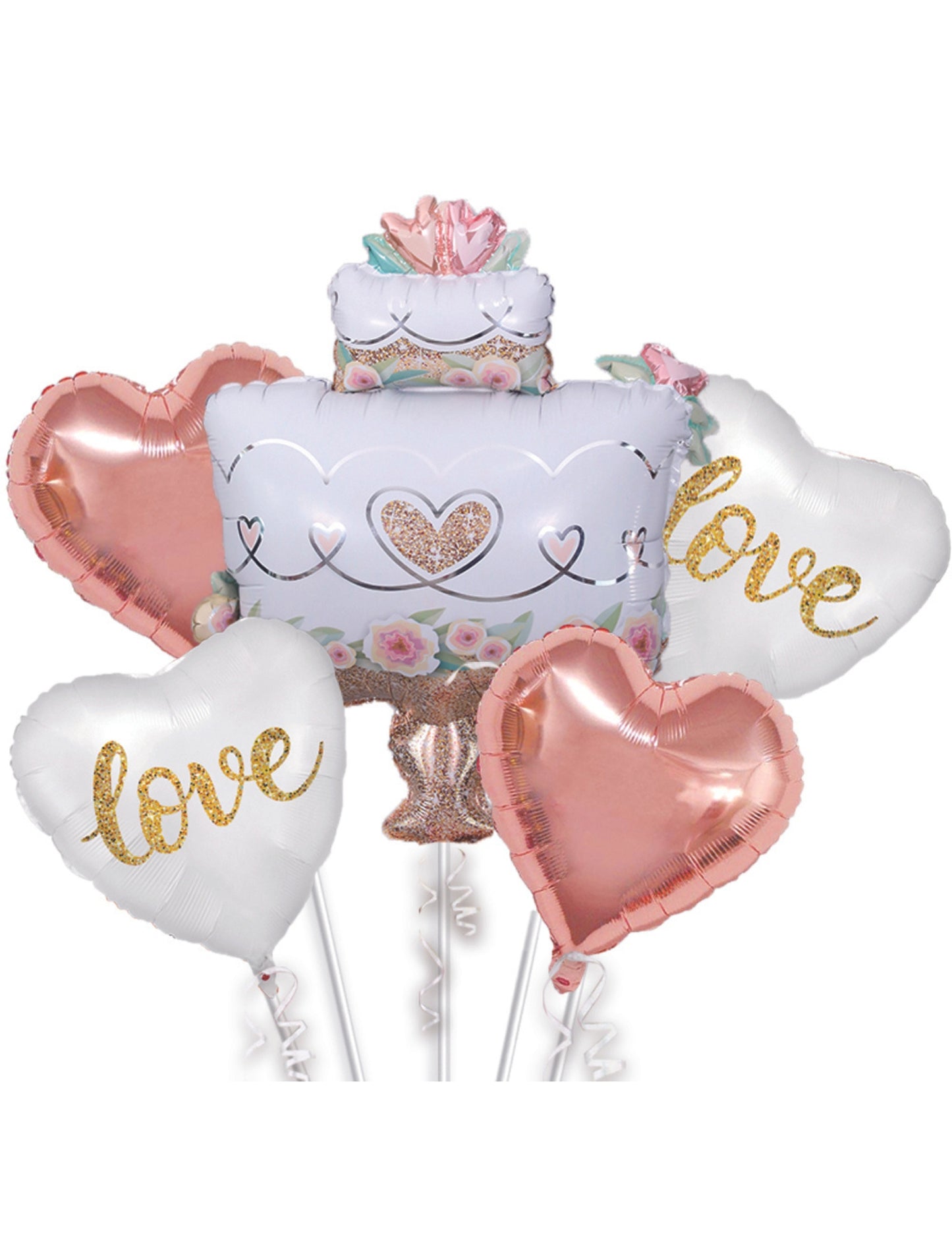 Love Valentine's Day Birthday Cake Heart Anniversary Birthday Helium Balloon Set Bouquet White Rose Gold Pink White