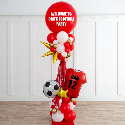 Personalised Red, Gold and White Football Balloon and Tassels Pillar/Column/Tower - Customizable for Any Sports-Themed Celebrations